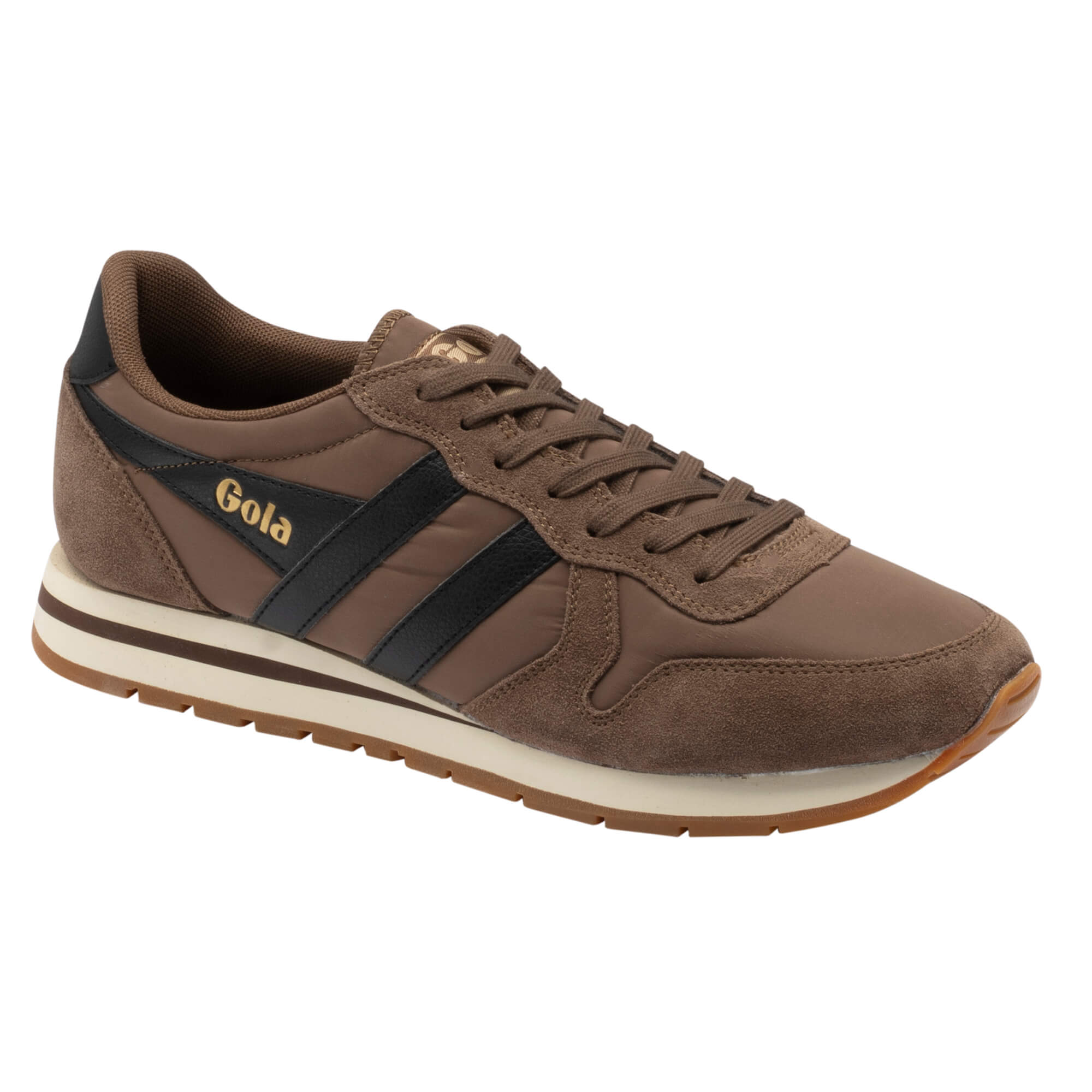 Brown Gola trainer with black stripes and cream sole