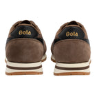 Pair of Gola men's trainers in brown suede and black leather with gold Gola branding on the heel