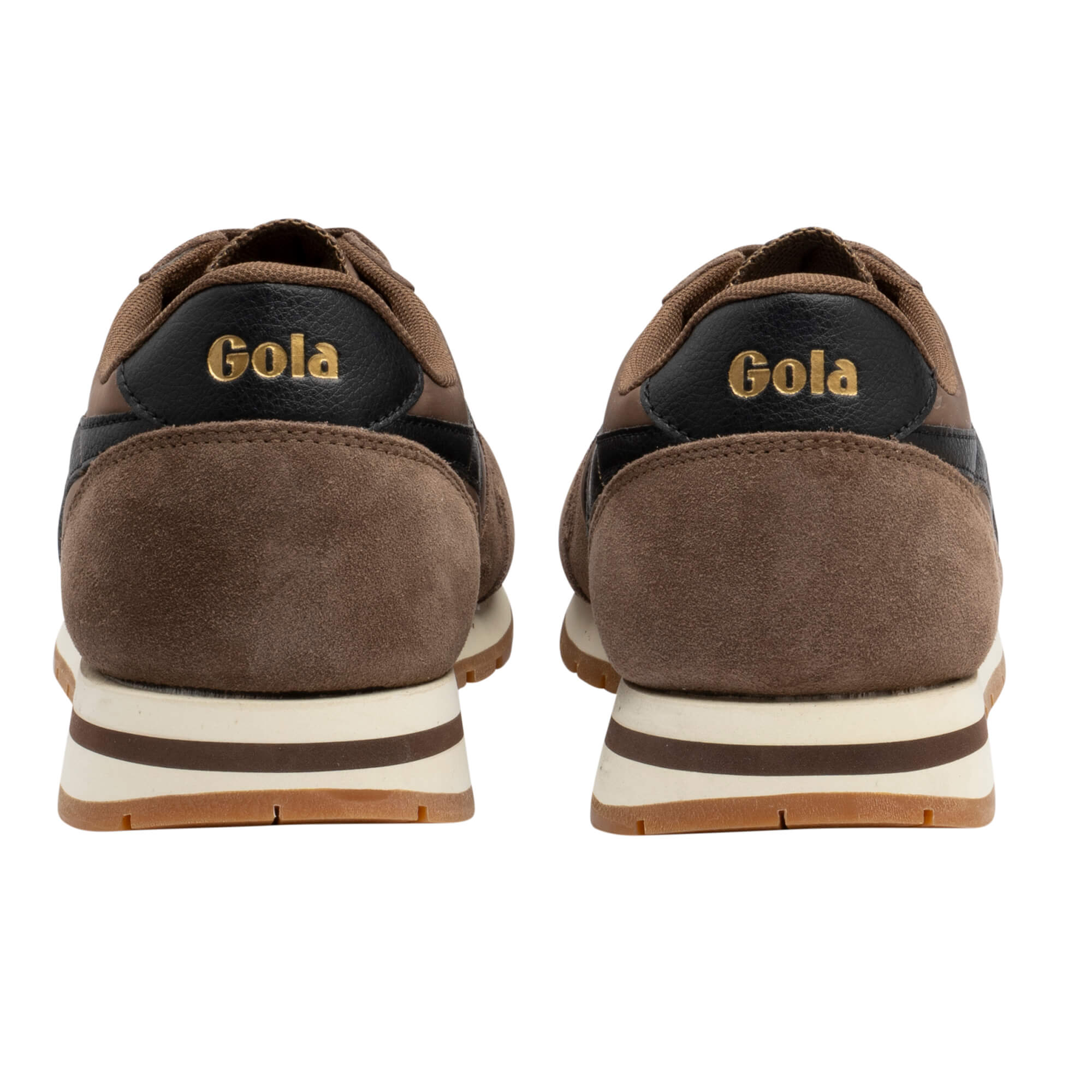 Pair of Gola men's trainers in brown suede and black leather with gold Gola branding on the heel