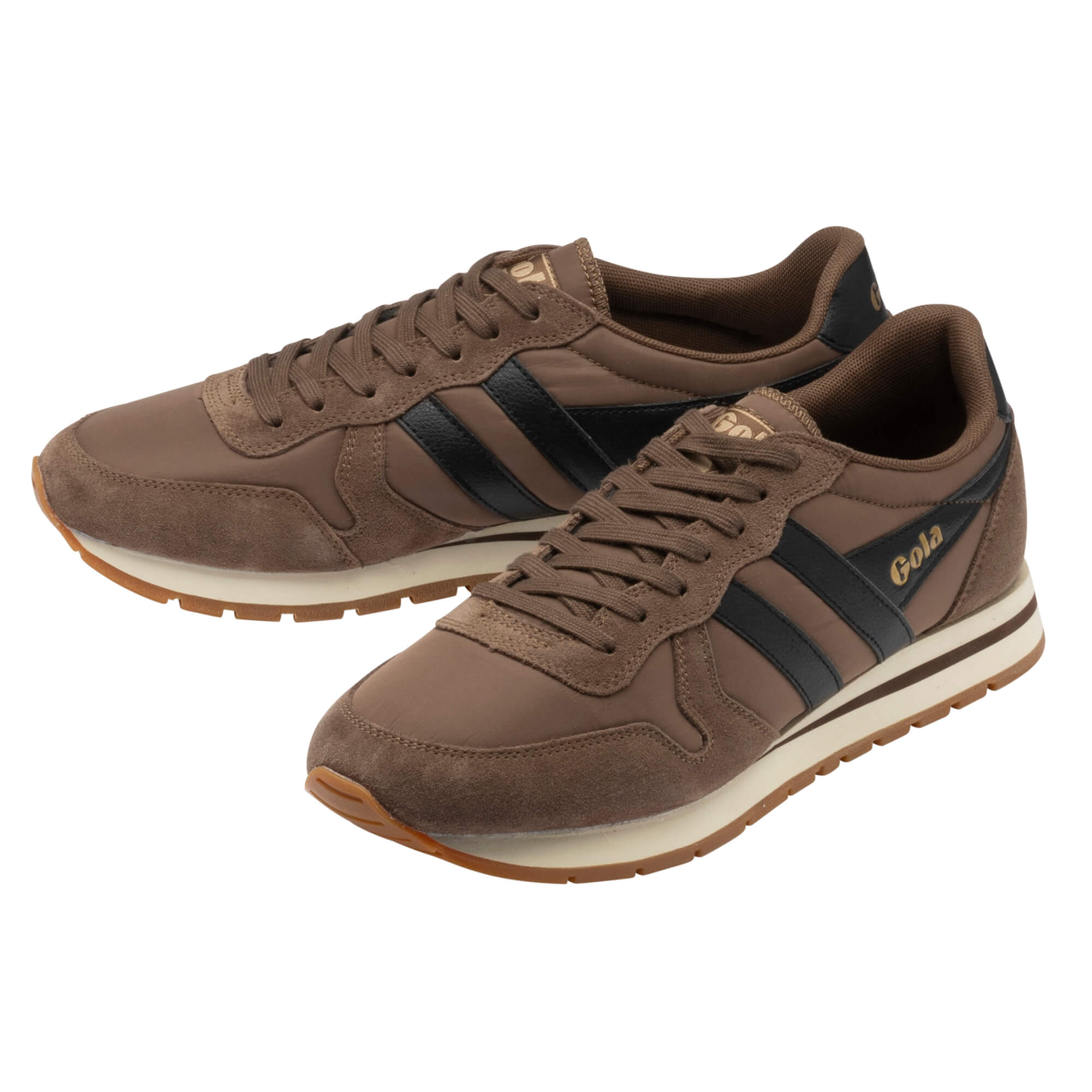 Pair of Gola Daytona trainers in brown with black stripes and white soles