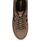 Top-down view of a Gola trainer in brown with black stripes and laces