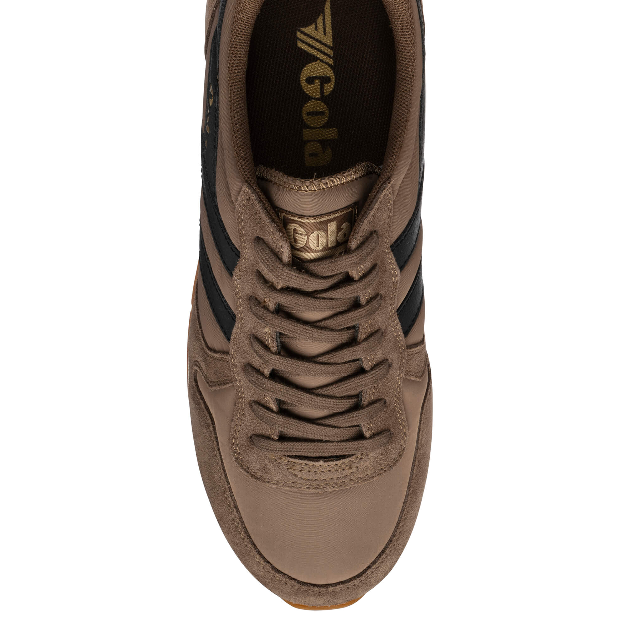 Top-down view of a Gola trainer in brown with black stripes and laces