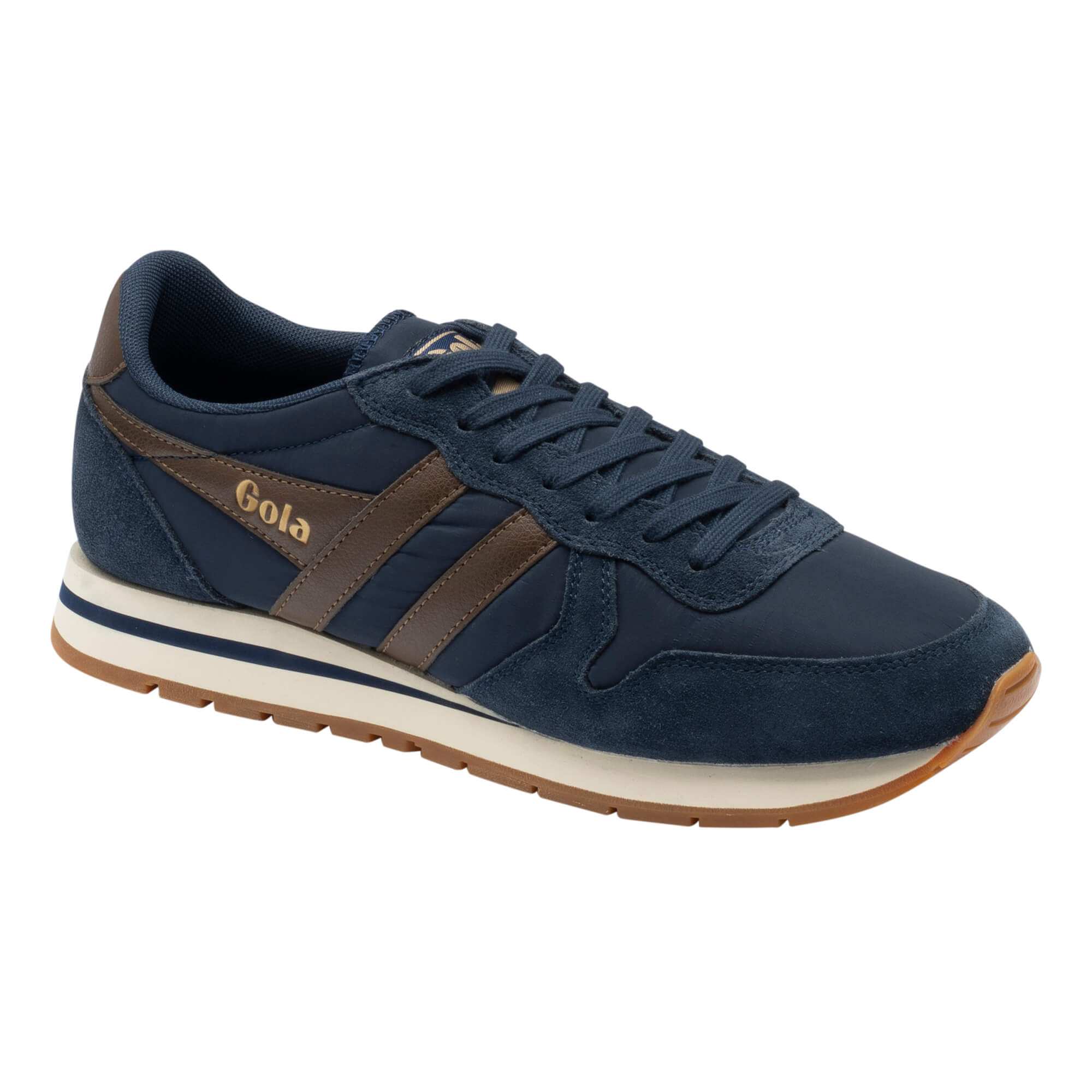 Gola men's trainer in navy with brown stripes and a white sole