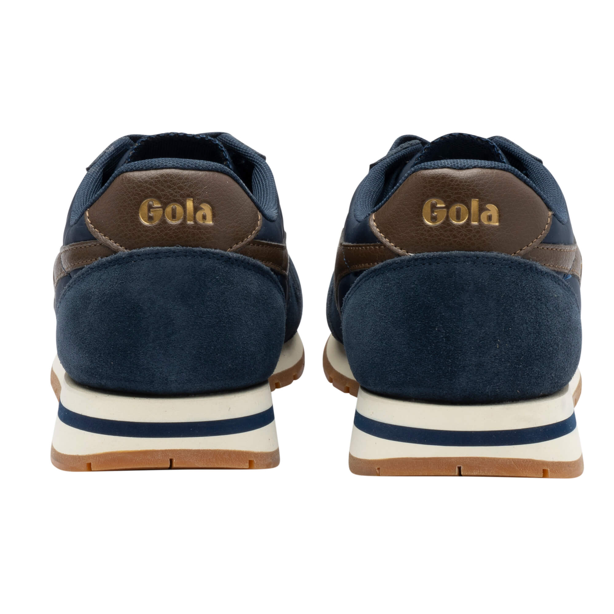 Rear view of two navy blue Gola trainers with brown leather accents and white soles