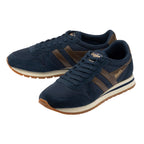 Pair of Gola men's trainers in navy blue with brown stripes and cream soles
