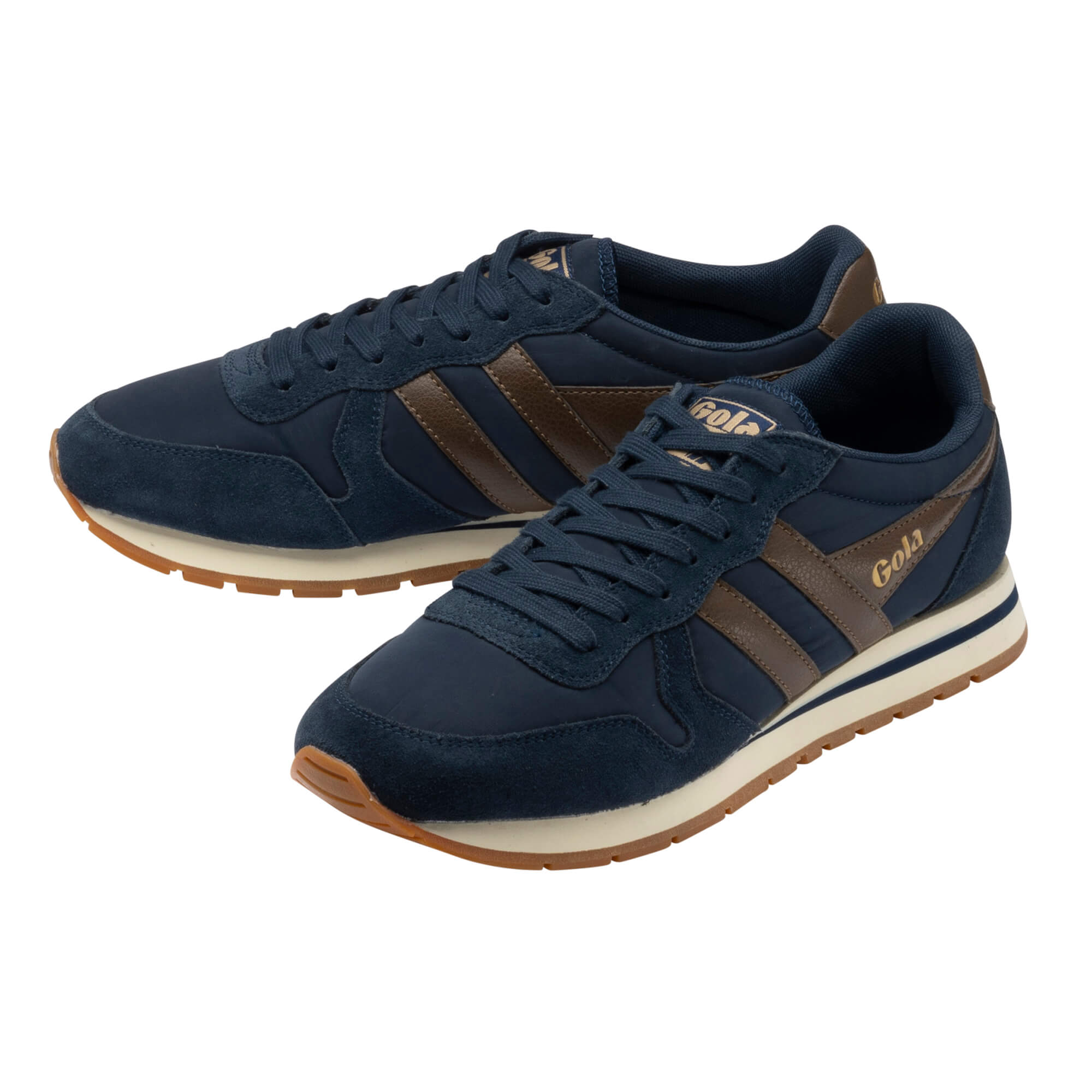 Pair of Gola men's trainers in navy blue with brown stripes and cream soles
