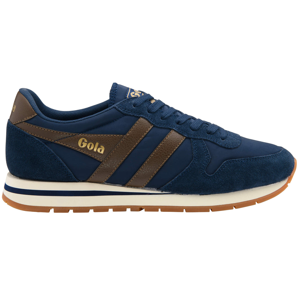 Gola men's trainer in navy blue with brown stripes and a gum sole