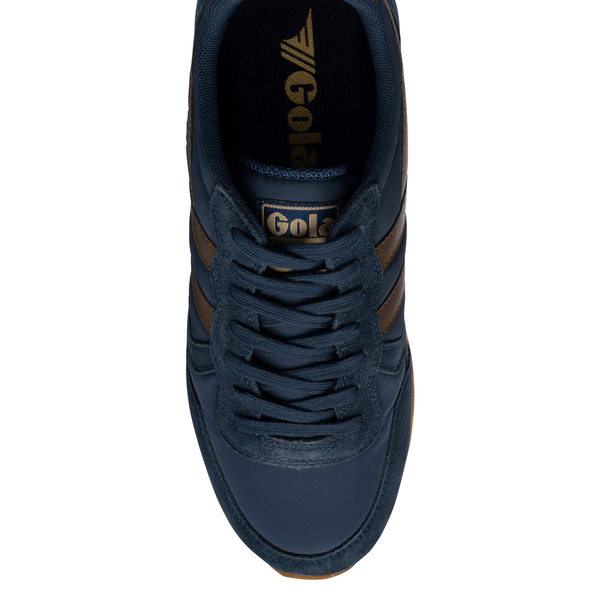 Navy blue Gola trainer with brown stripes and Gola branding