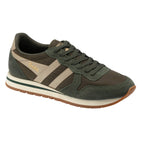 Gola men's trainer in khaki green with beige side stripes and a white and green sole