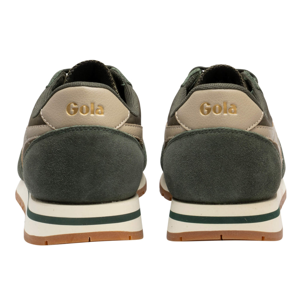 Pair of Gola trainers, rear view, in dark green and beige with a white and green sole