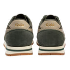 Pair of Gola trainers, rear view, in dark green and beige with a white and green sole