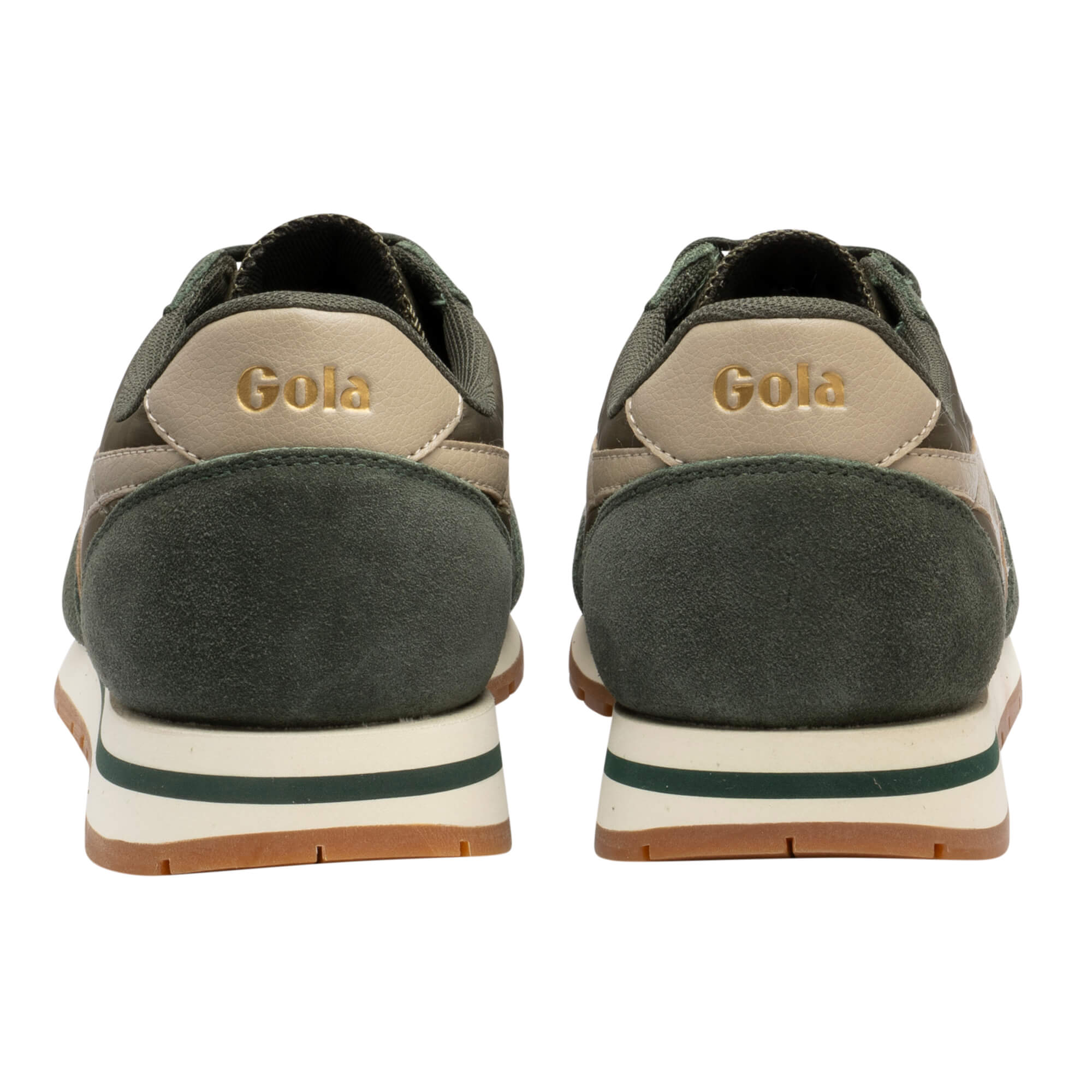 Pair of Gola trainers, rear view, in dark green and beige with a white and green sole