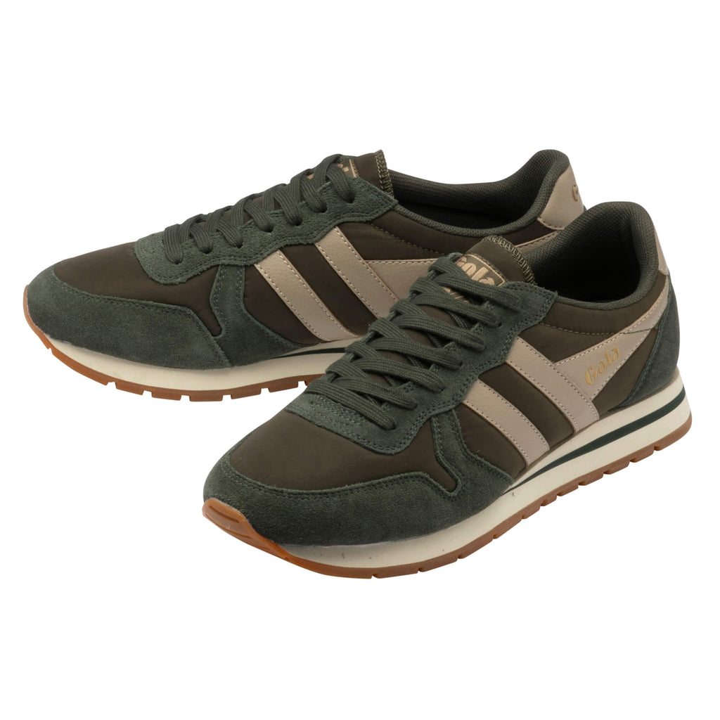 Pair of Gola Daytona trainers in dark green with beige stripes and brown soles
