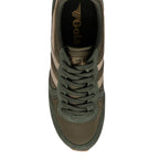 Top-down view of a dark green Gola trainer with beige stripes and laces