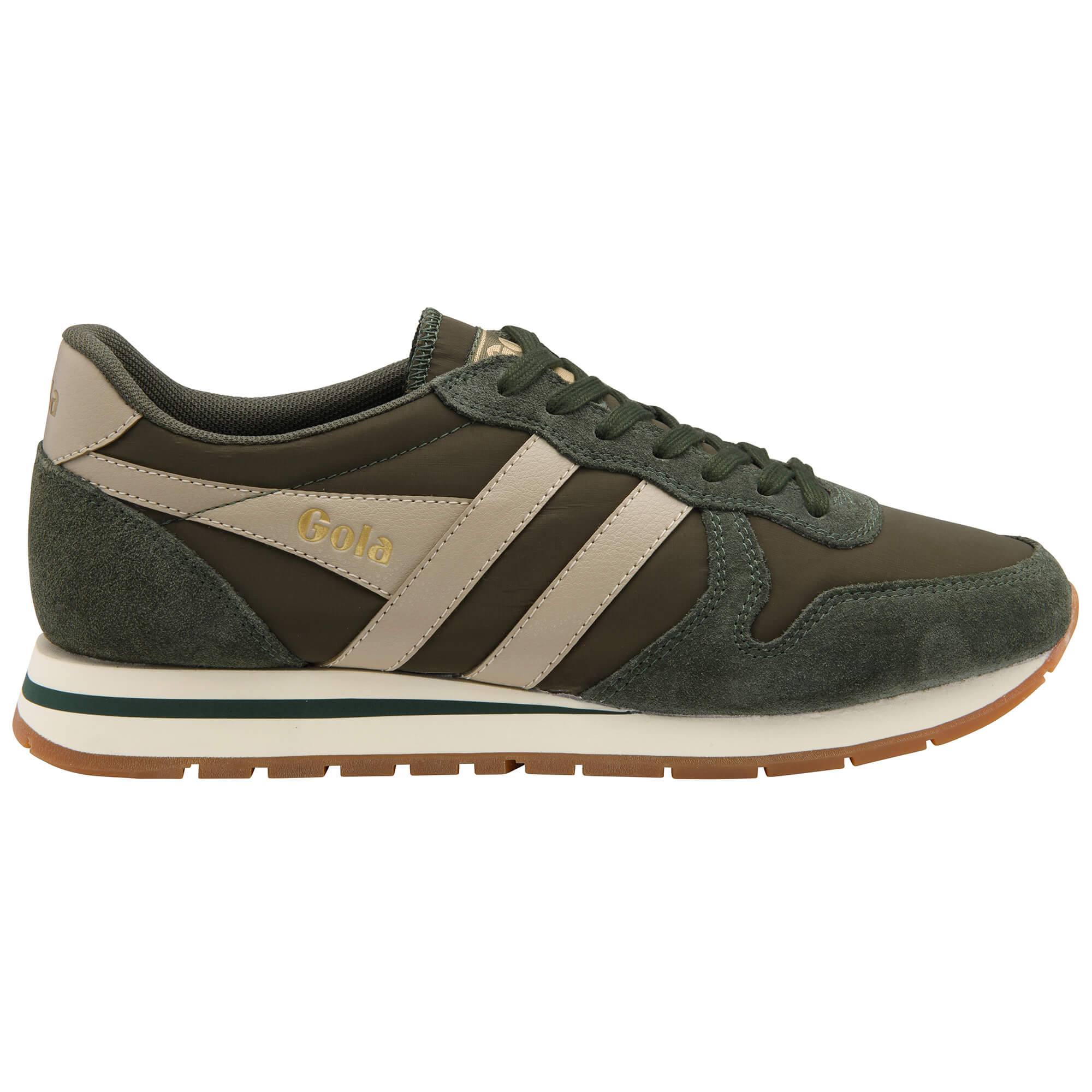 Gola men's trainer in dark green with light brown stripes and Gola branding