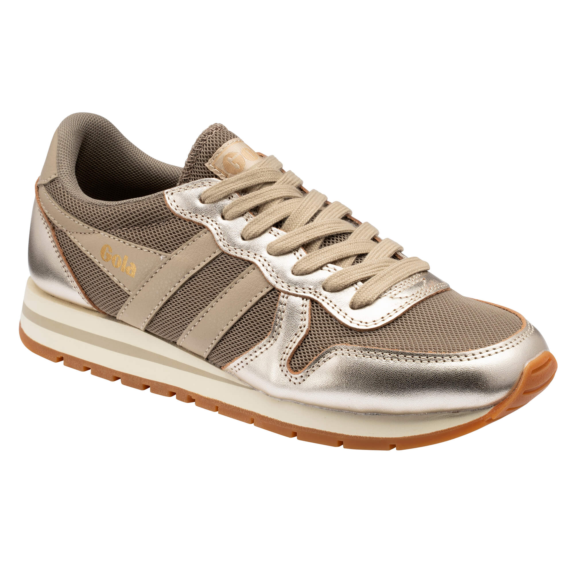Gola women's trainer in metallic gold and beige with a gum sole