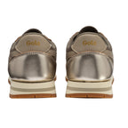 Pair of Gola trainers, rear view, in metallic gold with beige trim and white soles