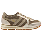 Gola women's trainer in metallic gold and khaki with a gum sole