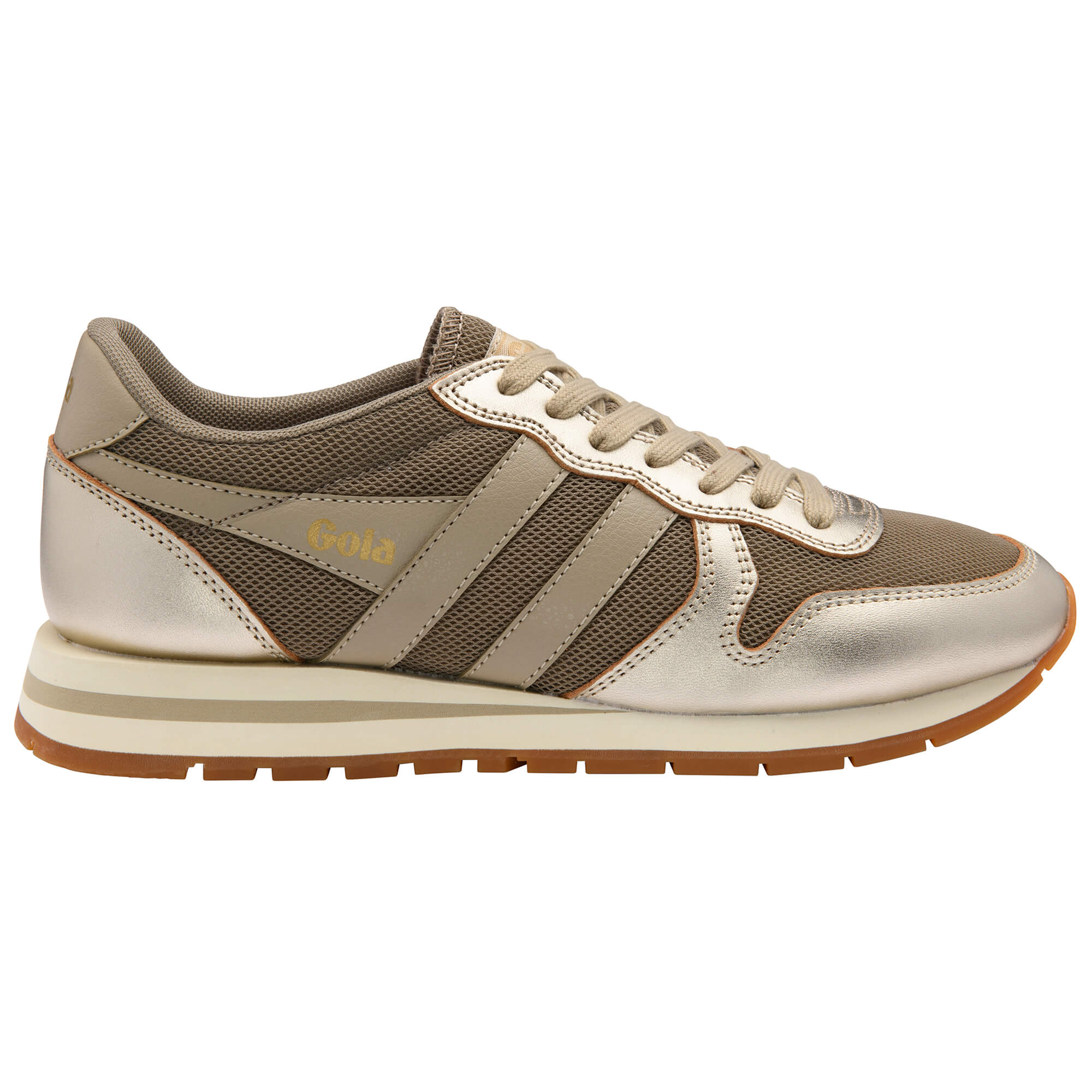 Gola women's trainer in metallic gold and khaki with a gum sole