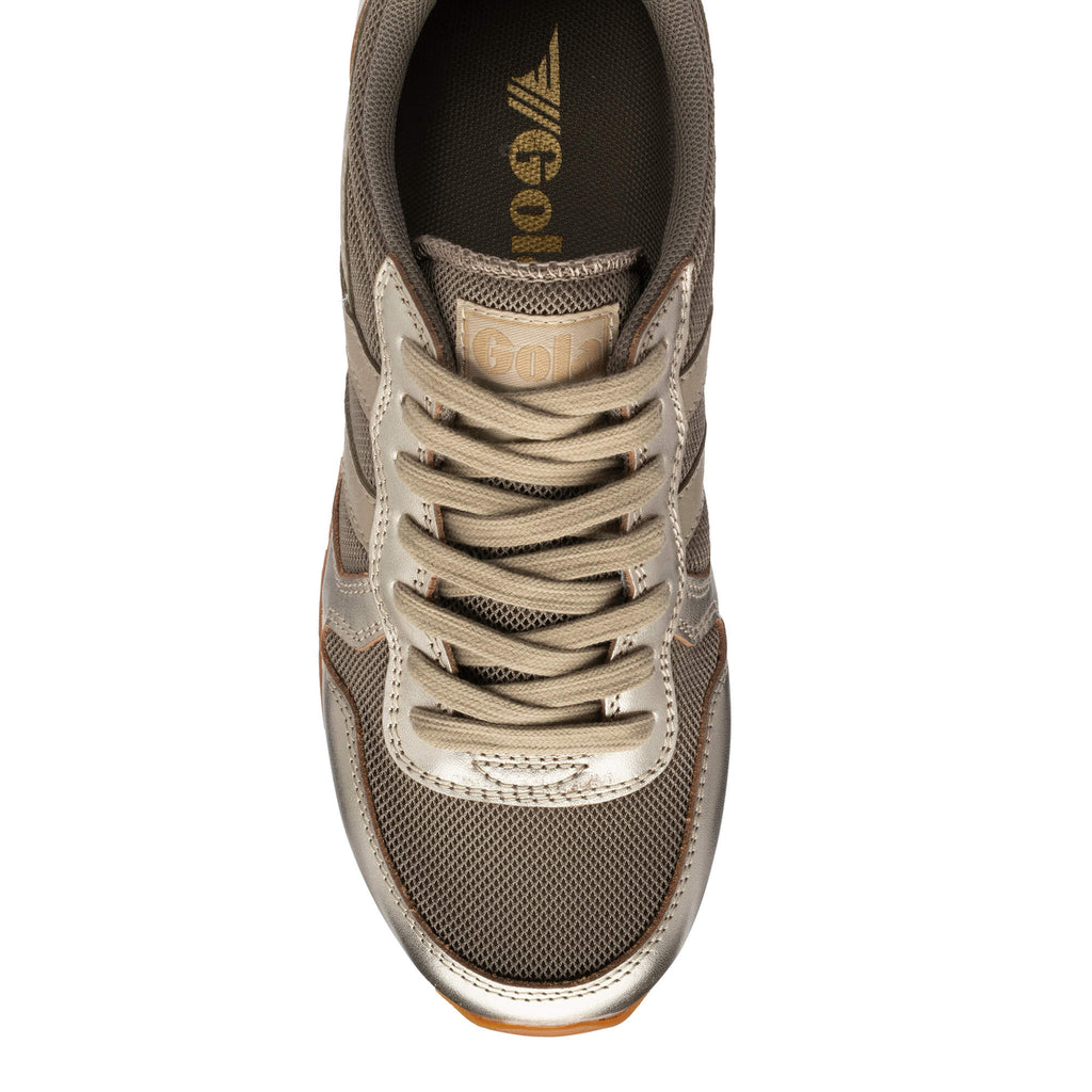 Top-down view of a Gola trainer in metallic gold with beige laces and a mesh upper