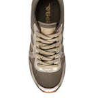Top-down view of a Gola trainer in metallic gold with beige laces and a mesh upper