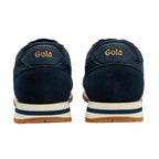 Rear view of two navy Gola trainers with gold Gola branding on the heel, white midsole, and brown sole