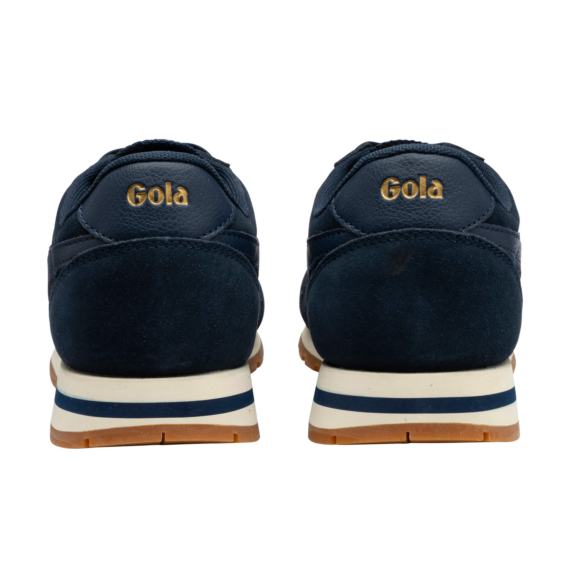 Rear view of two navy Gola trainers with gold Gola branding on the heel, white midsole, and brown sole