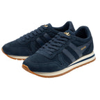 Pair of navy blue Gola trainers with white and blue striped soles and brown gum outsoles