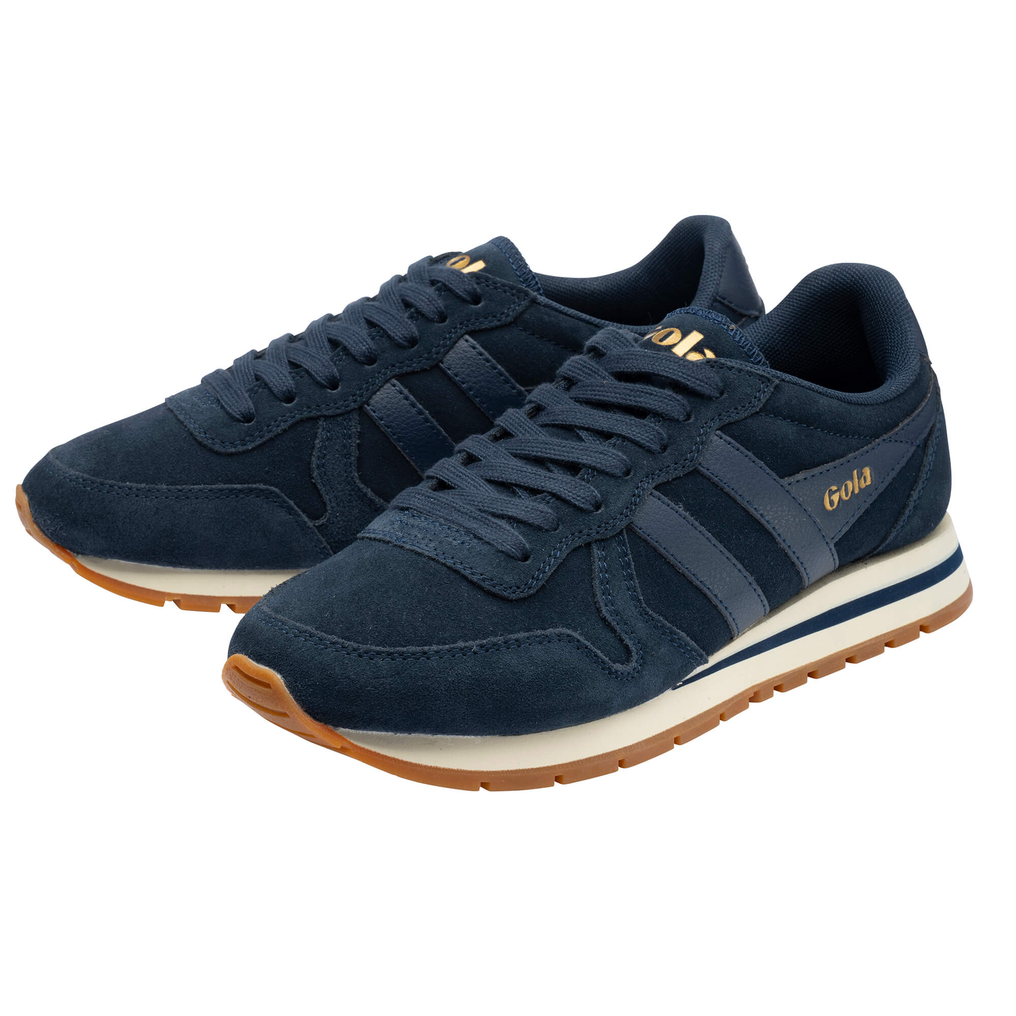 Pair of navy blue Gola trainers with white and blue striped soles and brown gum outsoles