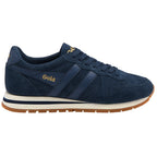 Gola men's trainer in navy suede with gold branding and a gum sole
