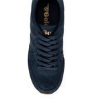 Navy blue Gola trainer with gold Gola branding on the tongue and insole