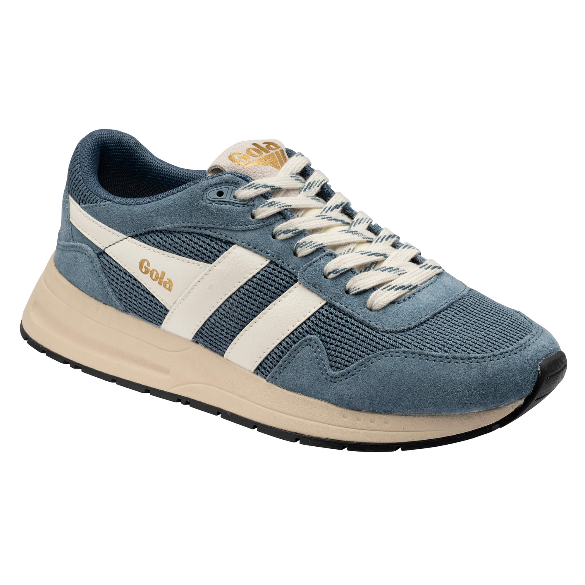 Gola men's trainer in blue with cream stripes and sole