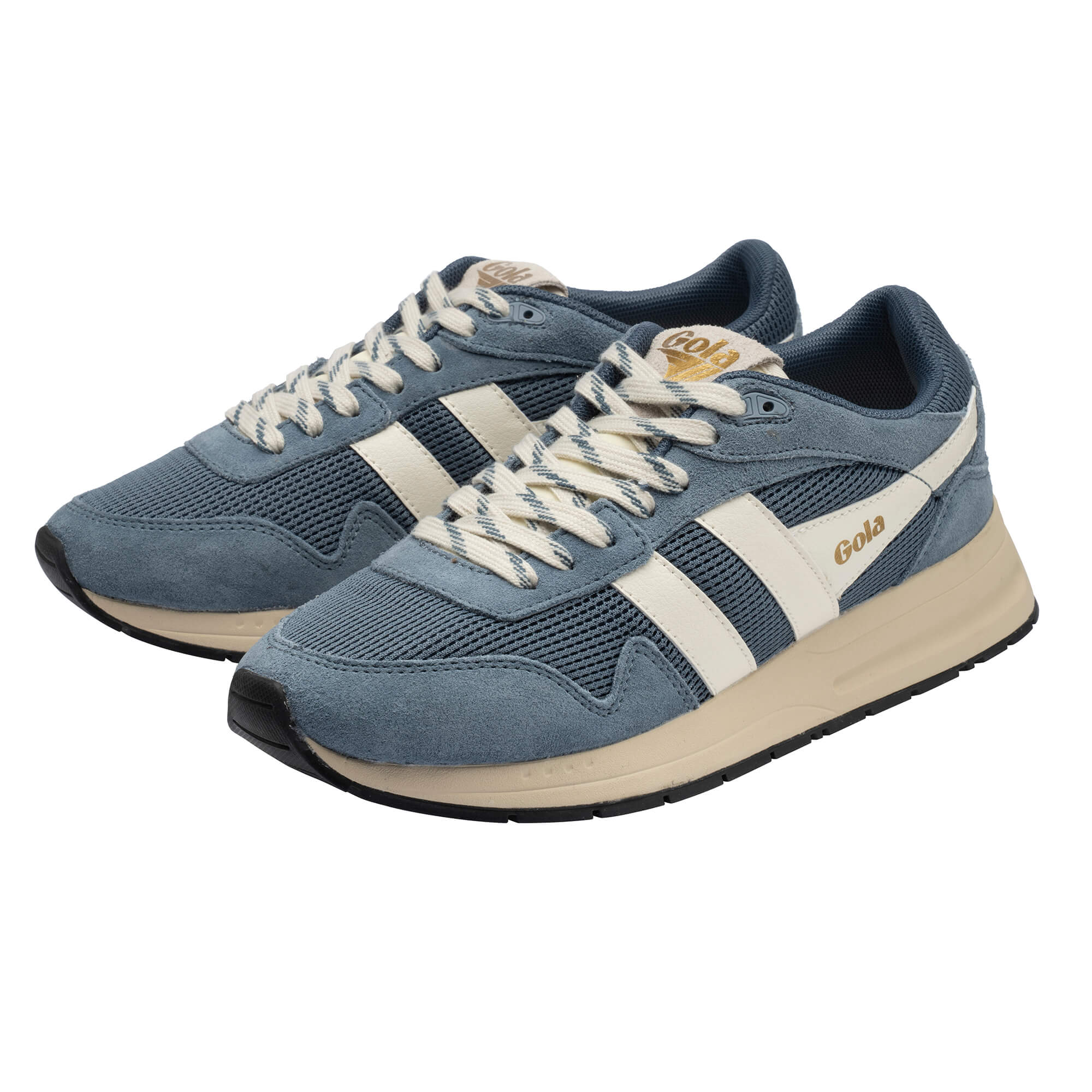 Pair of blue Gola trainers with cream laces and cream stripes on the side
