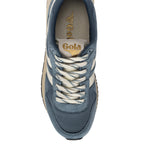 Close-up of a Gola trainer in blue with white laces and a white stripe on the side