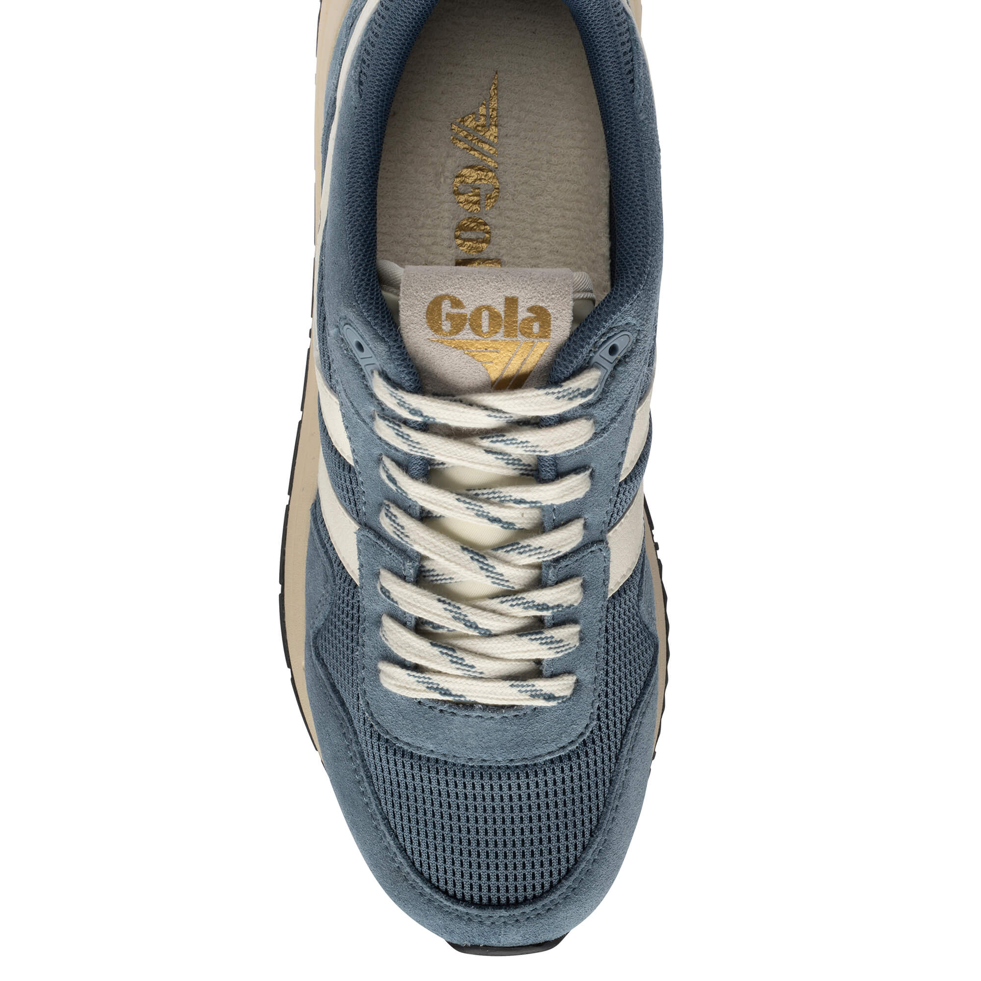 Close-up of a Gola trainer in blue with white laces and a white stripe on the side