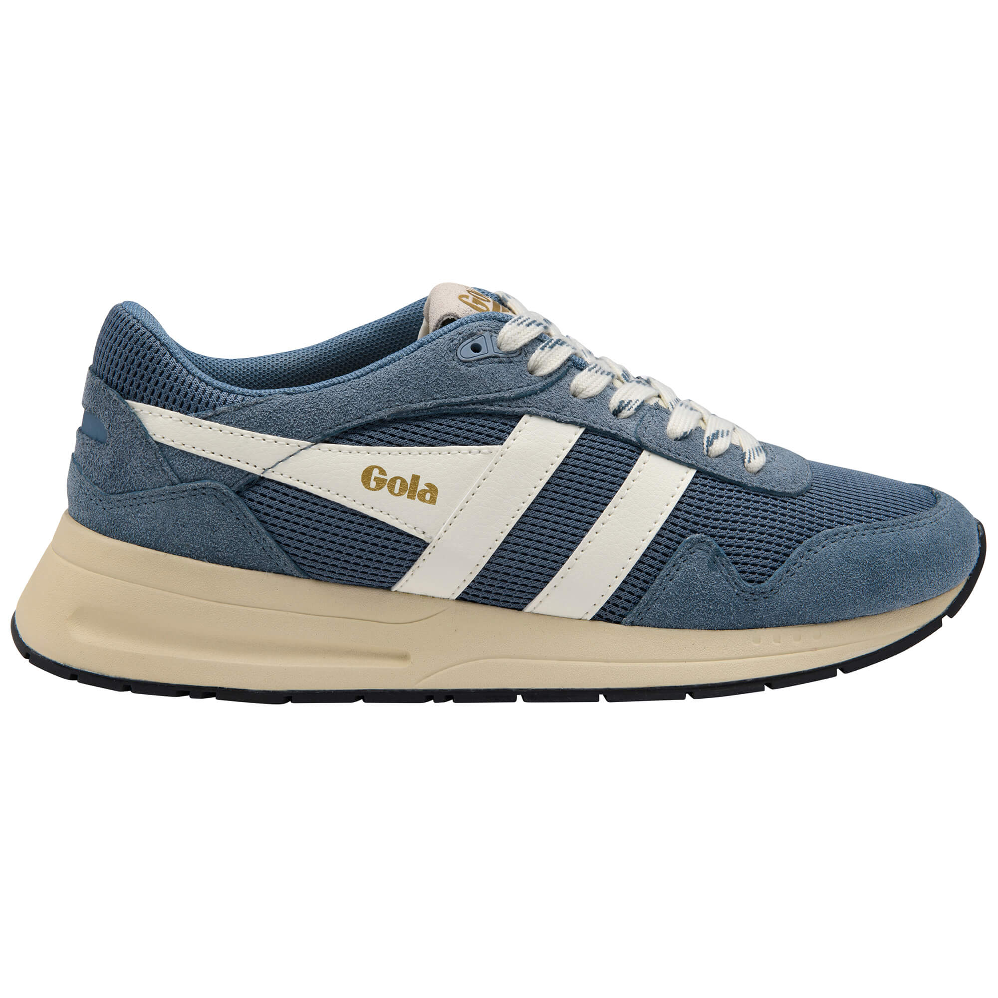 Gola men's trainer in blue with white stripes and a cream sole