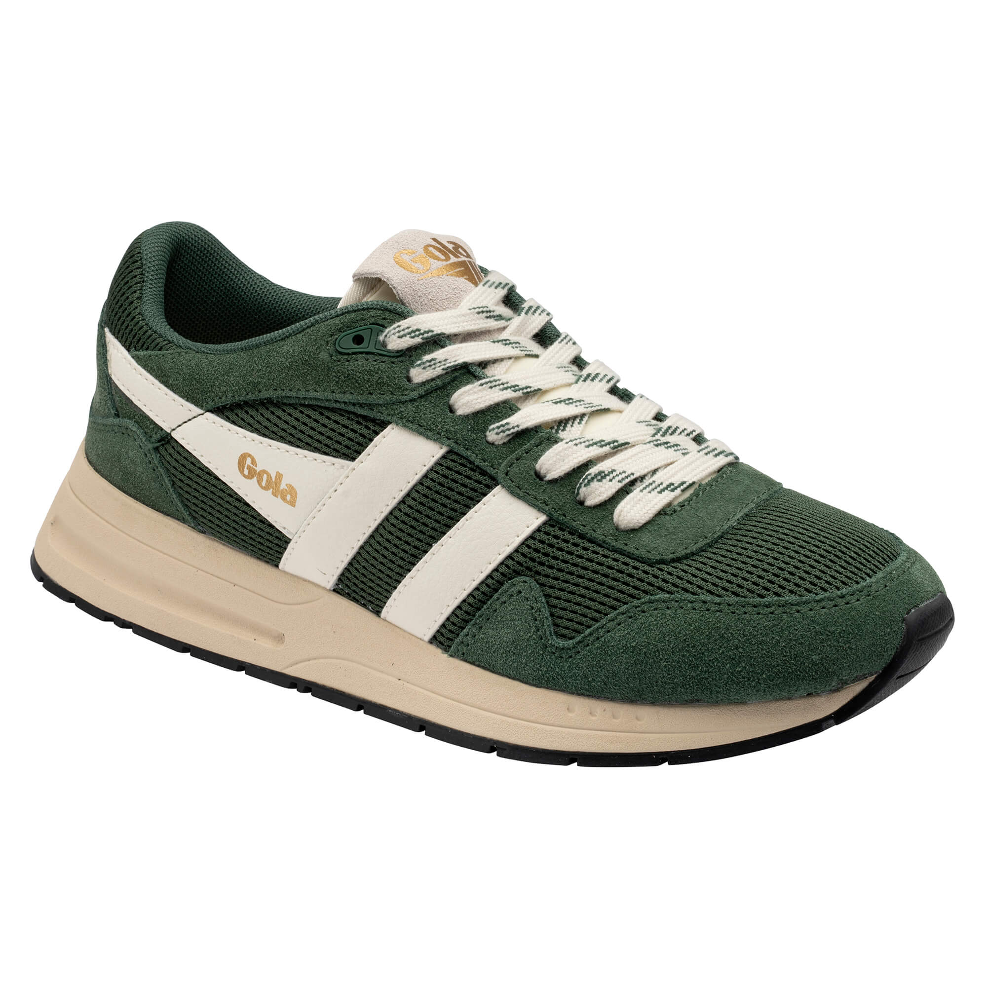 Gola men's trainer in dark green with cream stripes and laces
