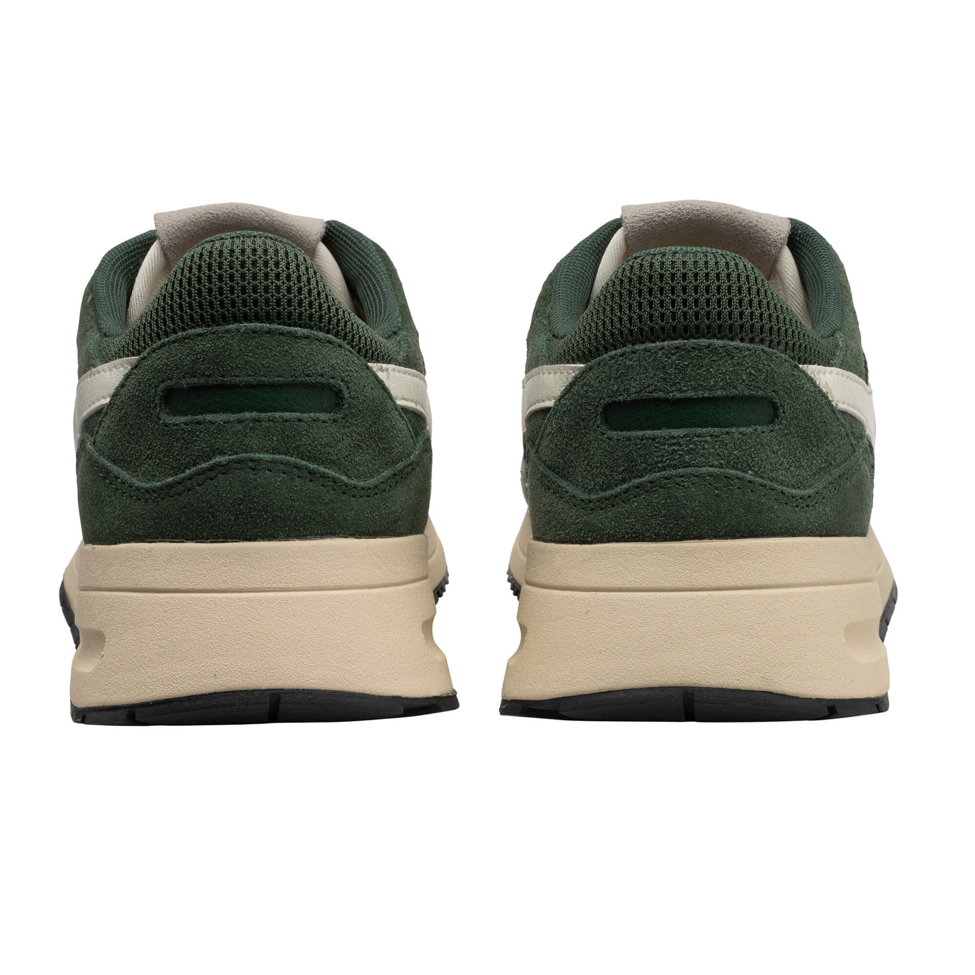 Pair of dark green and beige trainers, rear view