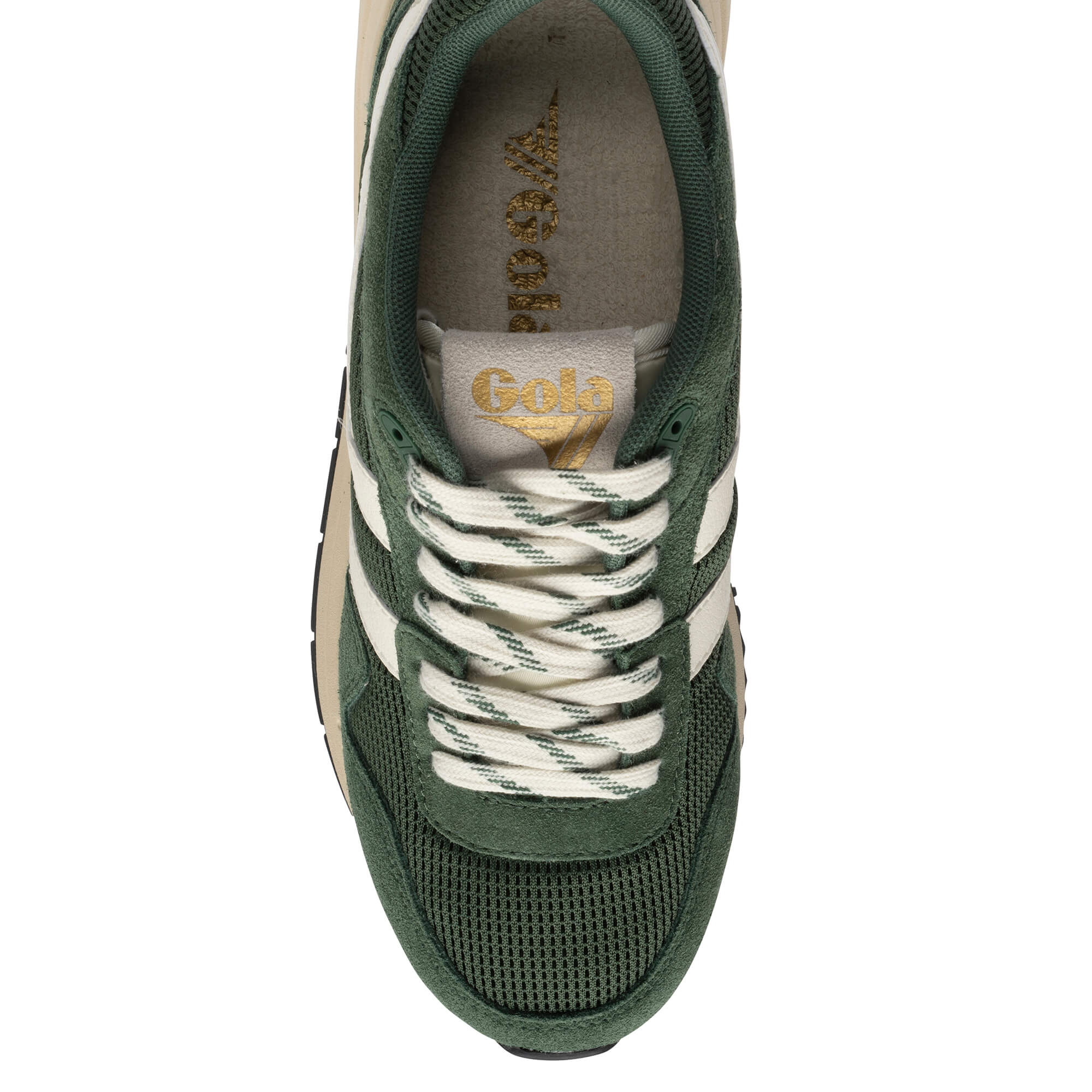 Top-down view of a Gola trainer in green and cream with white laces