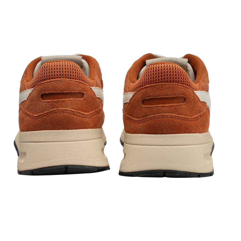Pair of orange and cream trainers, rear view