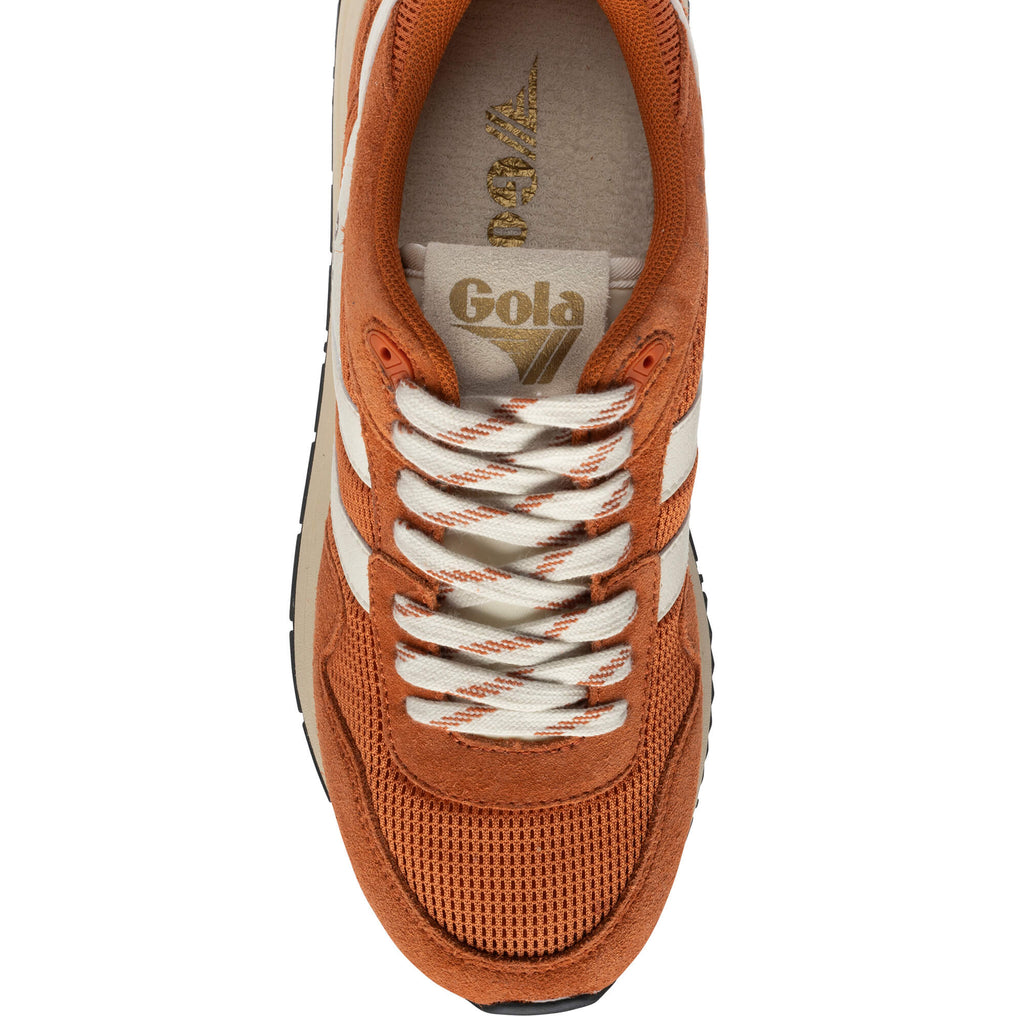 Top-down view of a Gola trainer in orange with white laces and stripes