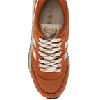 Top-down view of a Gola trainer in orange with white laces and stripes