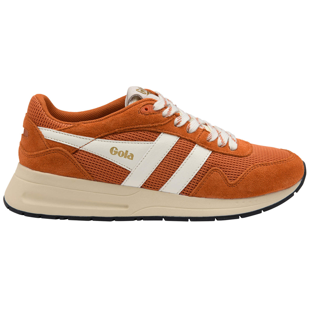 Gola men's trainer in orange with white stripes and cream sole