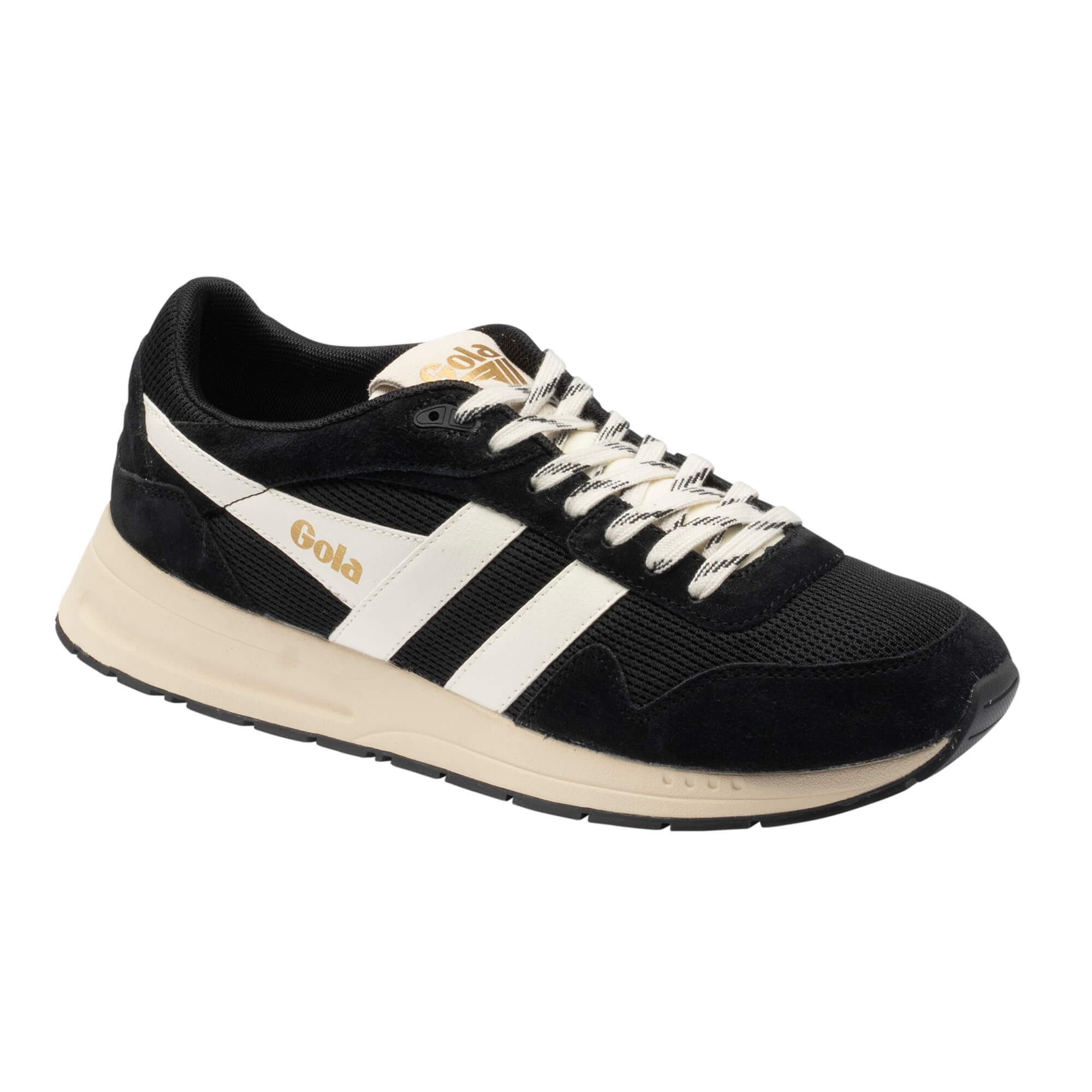 Black Gola trainer with white stripes and cream sole
