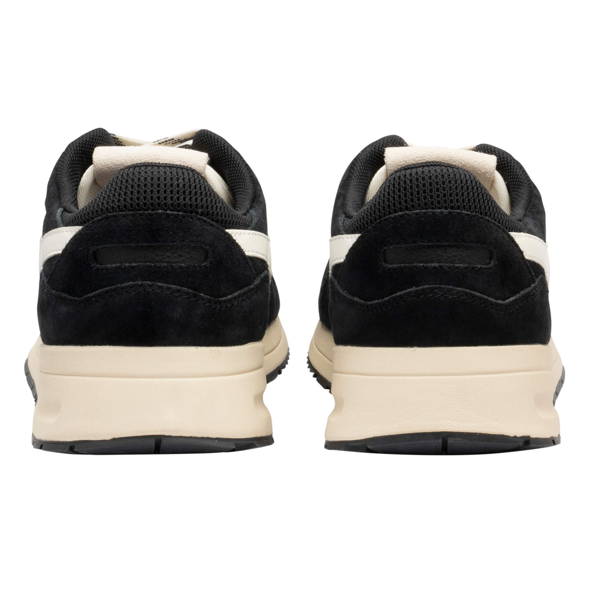 Rear view of two black and cream trainers