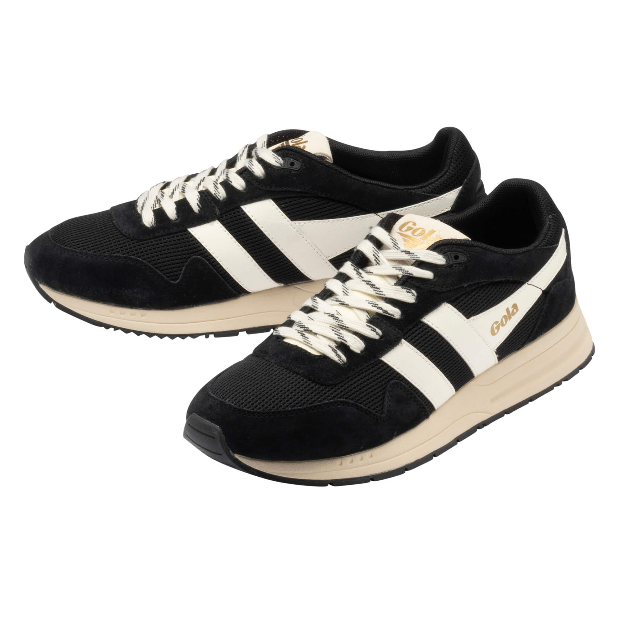Pair of black Gola trainers with cream soles and white stripes