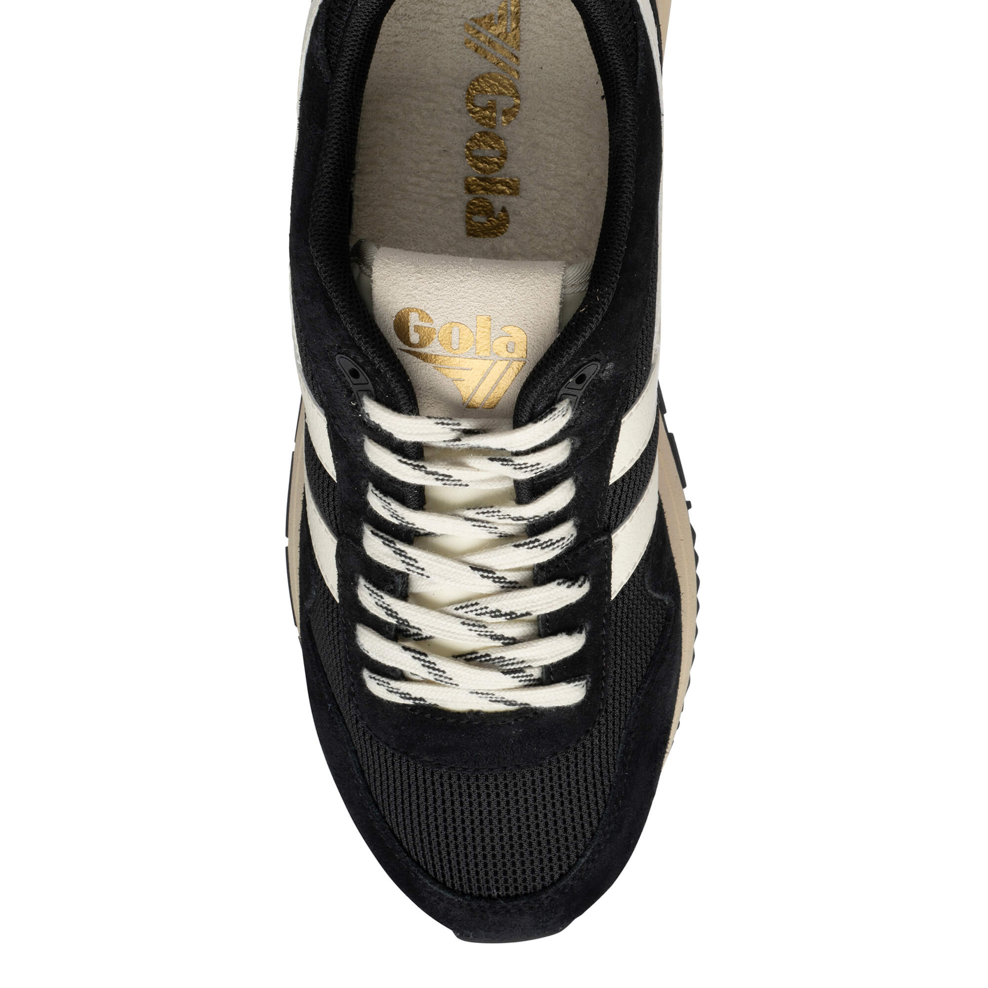 Top-down view of a black Gola trainer with cream laces and side stripes