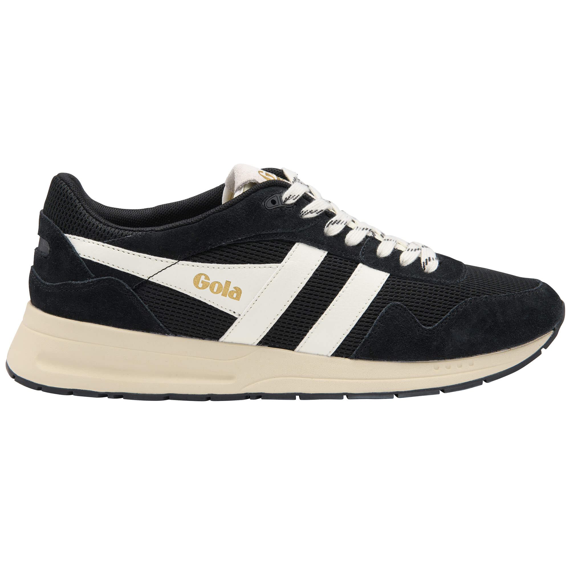 Gola men's trainer in black with white stripes and cream sole