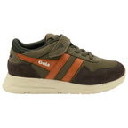 Khaki green and brown Gola trainers with orange stripes and a beige sole