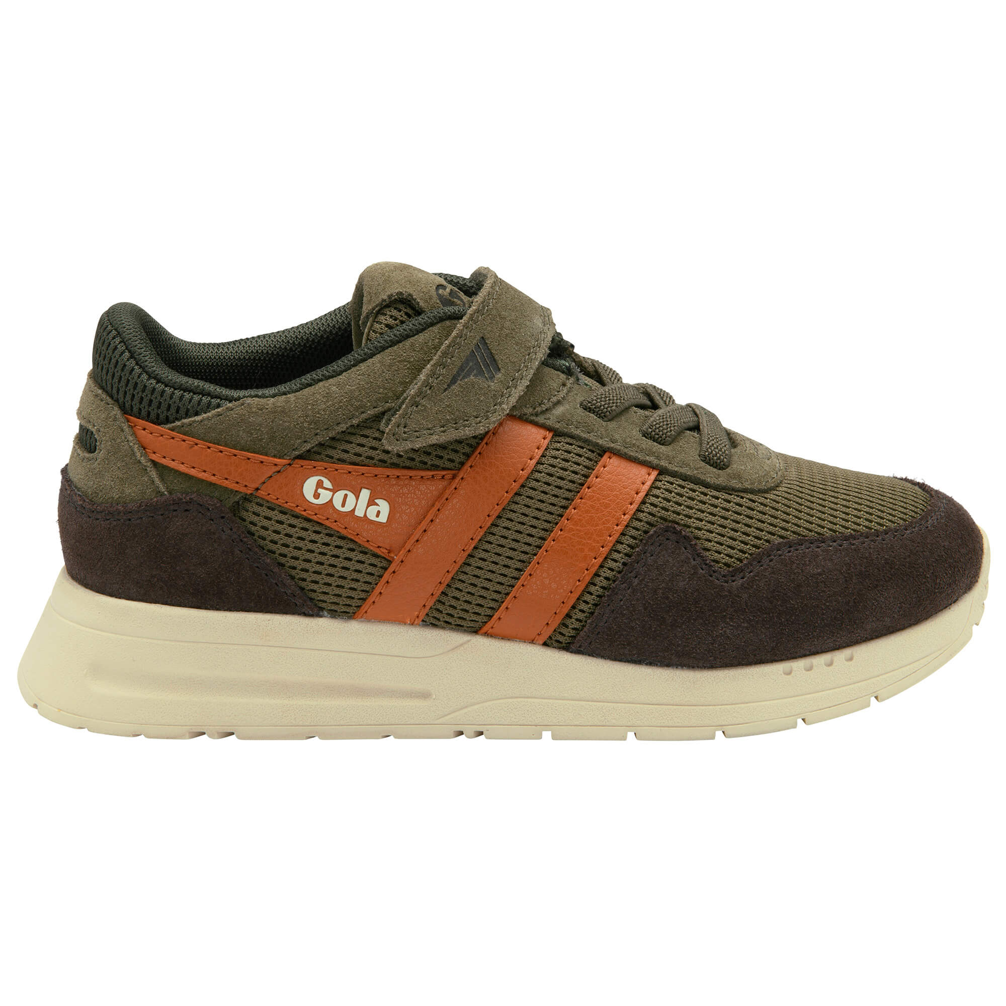 Khaki green and brown Gola trainers with orange stripes and a beige sole